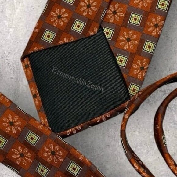 ERMENEGILDO ZEGNA Silk Tie ITALY Brown Orange Geometric Floral W:3.6" EUC - Picture 2 of 7